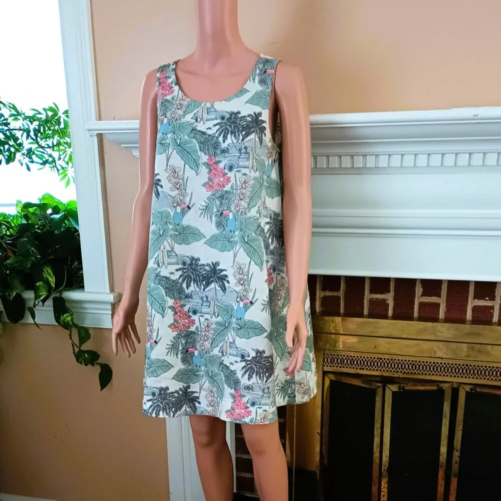 Artisan NY Floral Linen A-line Dress S Tropical Island Side Pockets Sleeveless